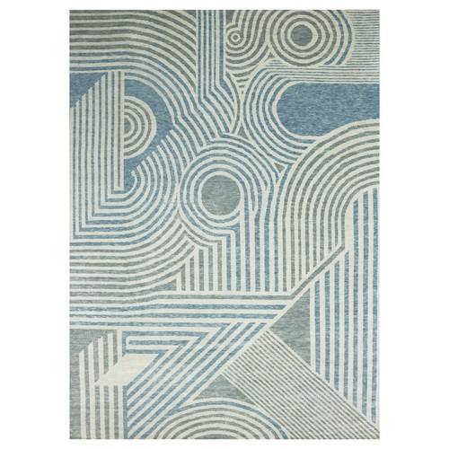 Steel Blue, Soft Wool Hand Knotted, Geometric Art Deco Collection Soft to the Touch, Oriental Rug