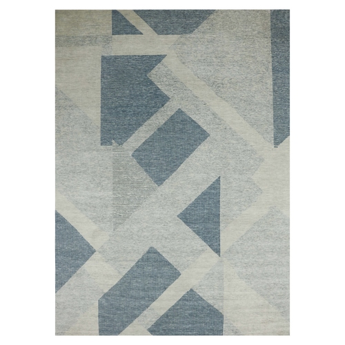 Stone Blue, 100% Wool Hand Knotted, Geometric Art Deco Collection, Oriental 