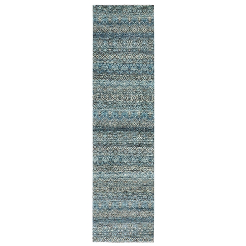 Yale Blue, 100% Plush Wool, Hand Knotted, Kohinoor Herat Small Geometric Repetitive Design, Runner Oriental Rug