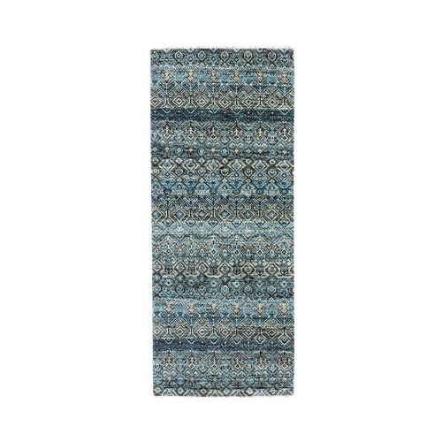 Yale Blue, Hand Knotted, Kohinoor Herat Small Geometric Repetitive Design, 100% Plush Wool, Runner Oriental 