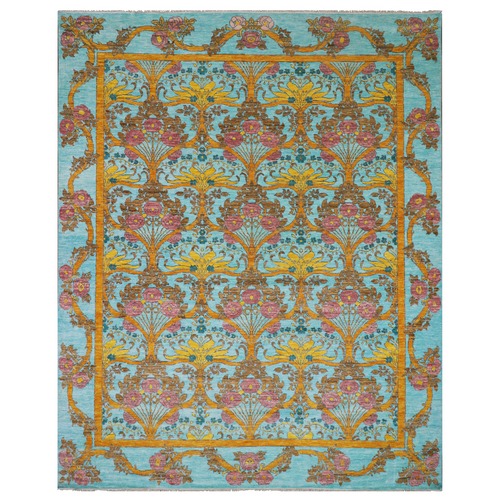 Powder Blue, Arts and Craft William Morris Design Inspired, 100% Wool, Lush Pile, Hand Knotted, Oversized, Oriental Rug