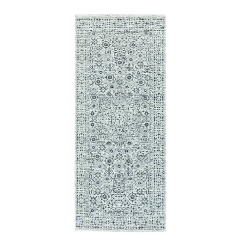 Ghost White, Tone on Tone Design, Undyed 100% Wool, Hand Knotted, Mamluk Dynasty, Runner Oriental Rug