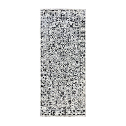 Ghost White, Mamluk Dynasty, Tone on Tone Design, Undyed 100% Wool, Hand Knotted, Runner Oriental Rug