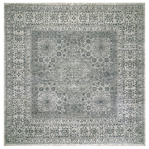 Cloud White, Undyed Hand Knotted Soft and Vibrant Wool, Mamluk Dynasty, Tone on Tone Design, Square Oriental 