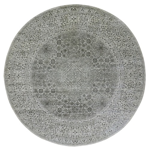 Decorators White, Tone on Tone, Hand Knotted Undyed Extra Soft Wool, Round Mamluk Dynasty Design, Oriental Rug