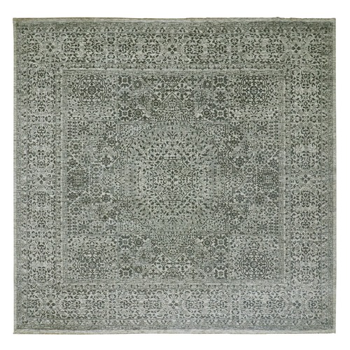 Duck White and Rusty Gray, Hand Knotted Undyed Mamluk Dynasty Pattern, Tone on Tone, Shiny Wool, Oriental Square 