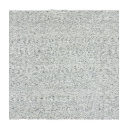 Silver Gray, Natural Undyed Wool, Modern Grass Design, Hand Knotted, Tone on Tone, Square Oriental Rug