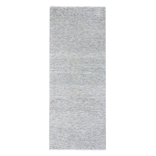 Silver Gray, 100% Undyed Wool, Tone on Tone, Modern Grass Design, Hand Knotted, Wide Runner Oriental Rug