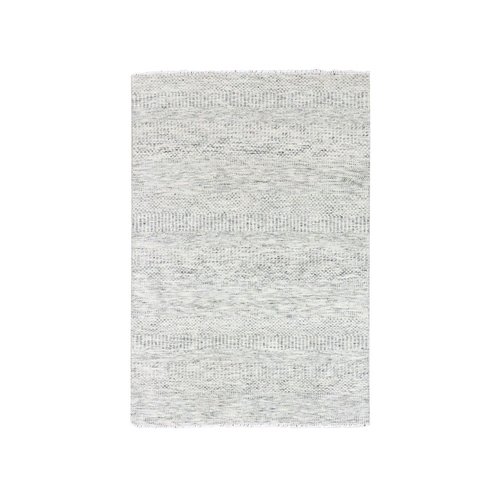 Platinum Gray, Pure Undyed Wool, Hand Knotted, Tone on Tone, Modern Grass Design, Oriental 