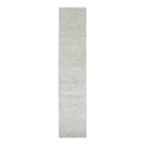 Platinum Gray, Modern 100% Undyed Wool Tone on Tone Grass Design, Hand Knotted, Runner Oriental Rug 