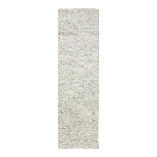 Goose Gray, Tone on Tone, Modern Grass Design, 100% Undyed Wool, Hand Knotted, Runner Oriental Rug 