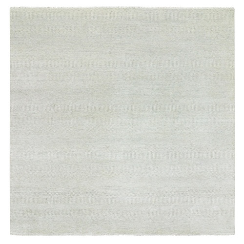 Pale Smoke Gray, Modern Grass Design, Tone on Tone, Undyed 100% Wool, Hand Knotted, Square Oriental Rug