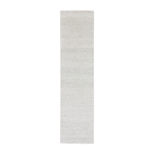 Gainsboro Gray, 100% Undyed Wool, Hand Knotted, Tone on Tone, Modern Grass Design, Runner Oriental Rug