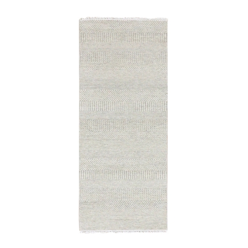 Goose Gray, Undyed Organic Wool Grass Design, Tone on Tone, Hand Knotted Runner Oriental Rug