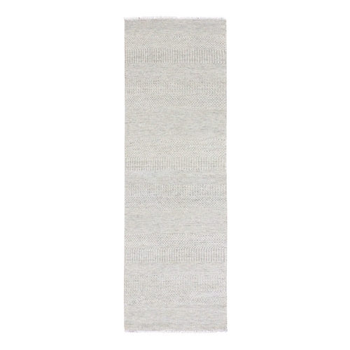 Silk Gray, Modern Undyed 100% Wool Grass Design, Tone on Tone, Hand Knotted, Runner Oriental Rug