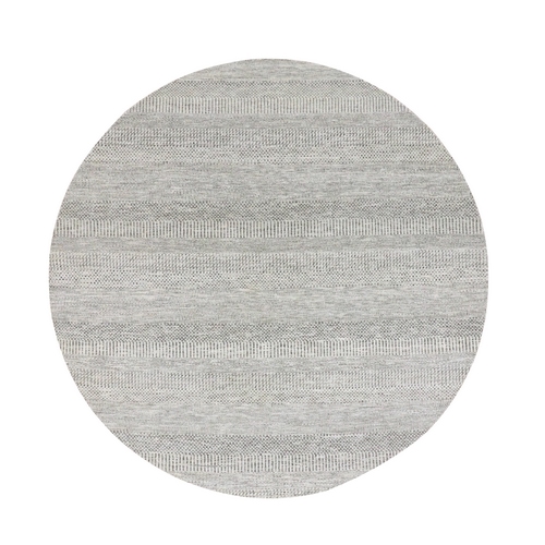 Bright Gray, Hand Knotted, Tone on Tone, Grass Design, Round Pure Undyed Wool Oriental Rug 