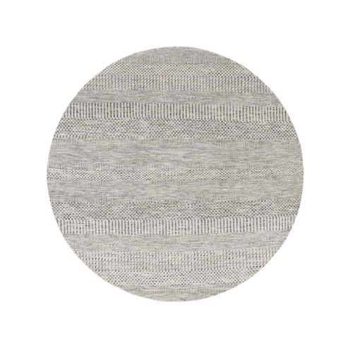 Pastel Gray, Natural Undyed Wool, Modern Grass Design, Hand Knotted, Tone on Tone, Round Oriental Rug