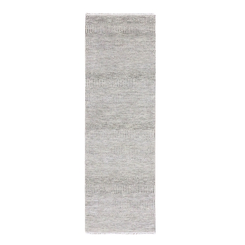 Matte Silver Gray, Modern Undyed 100% Wool Grass Design, Tone on Tone, Hand Knotted, Runner Oriental 