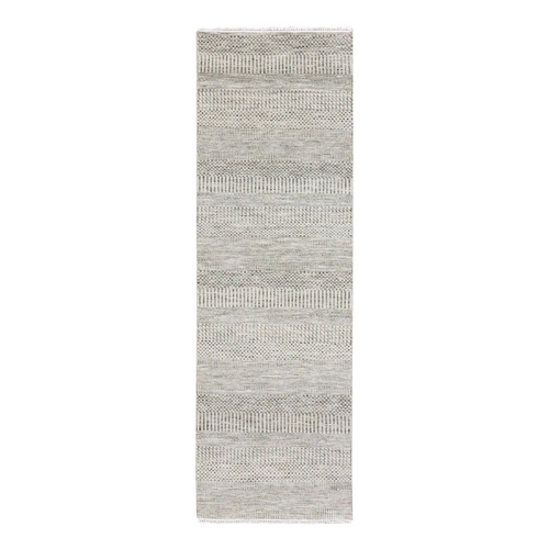 Power Gray, Modern Tone on Tone Grass Design, Hand Knotted, Undyed Organic Wool, Runner Oriental Rug