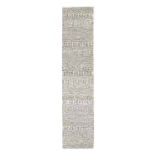 Solid Gray, Natural Undyed Wool, Modern Grass Design, Hand Knotted, Tone on Tone, Runner Oriental Rug