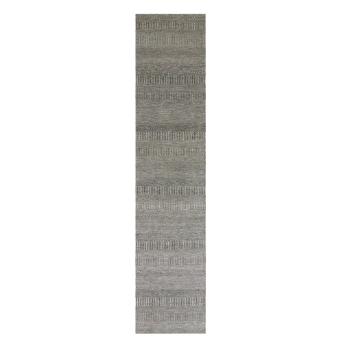 Ice Gray, Modern Hand Knotted Grass Design, Organic Undyed Wool, Tone on Tone, XL Runner Oriental 