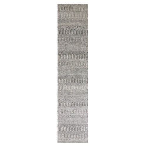 Rustic Gray, Modern Tone on Tone Grass Design, Hand Knotted, Undyed Organic Wool, XL Runner Oriental Rug