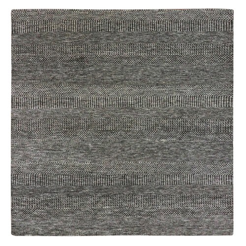 Steel Gray, Undyed Pure Wool, Modern Grass Design, Hand Knotted, Tone on Tone, Square Oriental Rug 