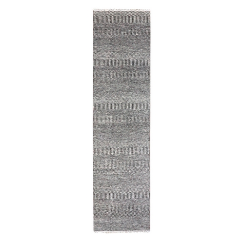 Medium Gray, Hand Knotted, Tone on Tone, Modern Grass Design, 100% Undyed Wool, Runner Oriental Rug