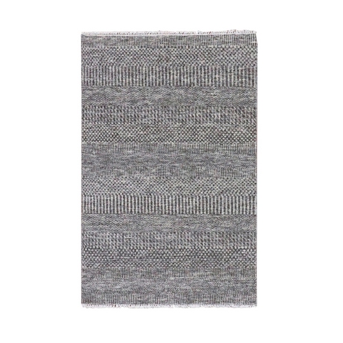 Pebble and Gainsboro Gray, Modern Grass Design, Tone on Tone, Undyed 100% Wool, Hand Knotted, Oriental Rug 