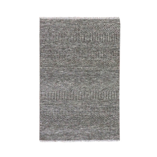 Graphite and Rustic Gray, Pure Undyed Wool, Tone on Tone, Modern Grass Design, Hand Knotted, Oriental 