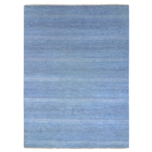 Yonder Blue, Modern Grass Design Dense Weave, Tone on Tone Soft Pile, Dyed, Wool and Silk Hand Knotted, Oriental 