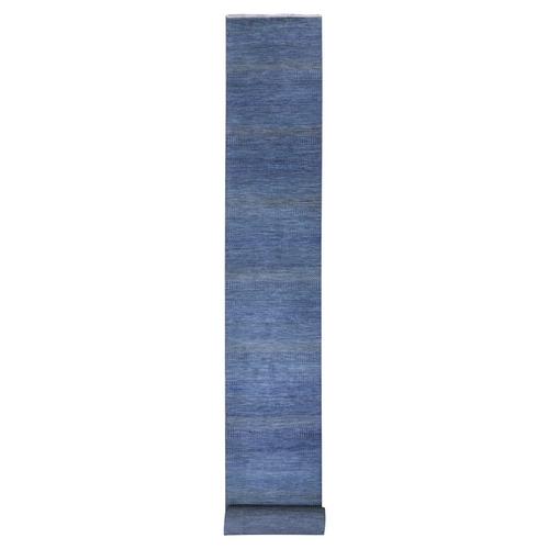 Aegean Blue, Modern Tone on Tone Grass Design, Hand Knotted, Dyed Organic Wool, XL Runner Oriental 