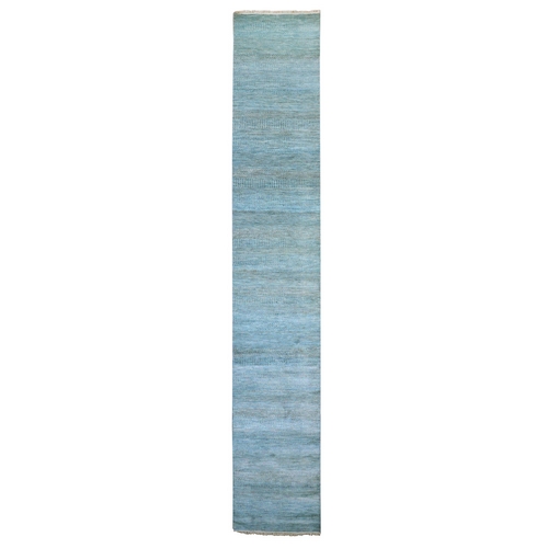 Ocean Blue, Hand Knotted , Tone on Tone, Densely Woven,  Soft Pile, Dyed, Wool and Silk, Modern Grass Design, XL Runner Oriental 