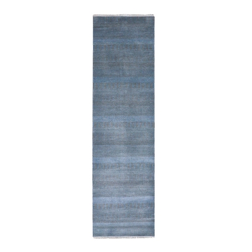 Ruddy Blue, Hand Knotted Grass Design, Densely Woven Tone on Tone, Soft Pile, Dyed, Wool and Silk, Runner Oriental 