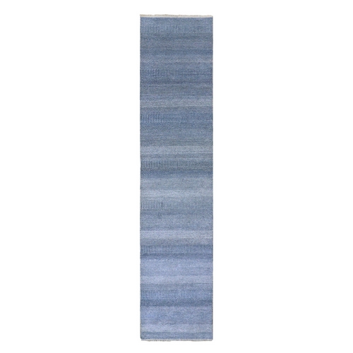 Penn Blue, Modern Grass Design, Soft Pile, Dense Weave, Tone on Tone, Dyed, Wool and Silk, Hand Knotted Runner Oriental 