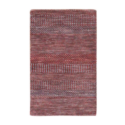 Cardinals Red, Tone on Tone, Modern Grass Design, Dyed Natural Wool, Hand Knotted, Mat Oriental Rug 