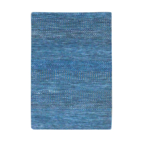 Sapphire Blue, Modern Hand Knotted Grass Design, Tone on Tone Dyed Pure Wool, Mat Oriental 