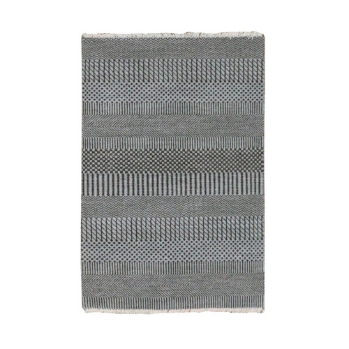 Chrome Gray, Modern Grass Design, Tone on Tone, Dyed 100% Wool, Hand Knotted, Mat Oriental 