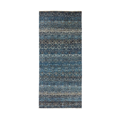 Stiffkey Blue, Kohinoor Herat Geometric Repetitive Small Diamond Pattern, Hand Knotted, Very Soft Wool, Plush, Tone On Tone Hand Knotted Runner Oriental Rug