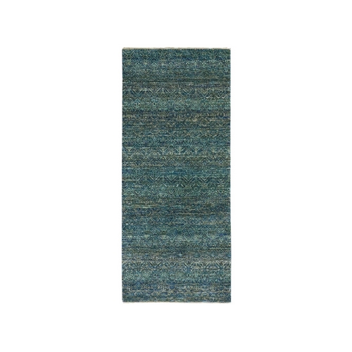 Caribbean Current Green, Borderless Hand Knotted, Kohinoor Herat with Small Repetitive Design, 100% Wool, Runner Oriental 