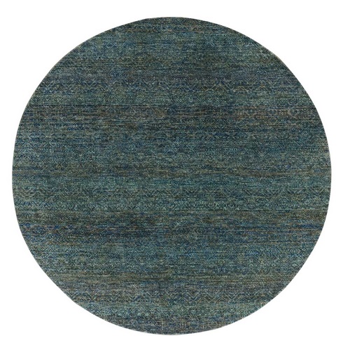 Arabian Forest Green, Herat Pattern, Borderless Diamond Shape Repetitive Design, Tone on Tone, Hand Knotted, Round Oriental Rug