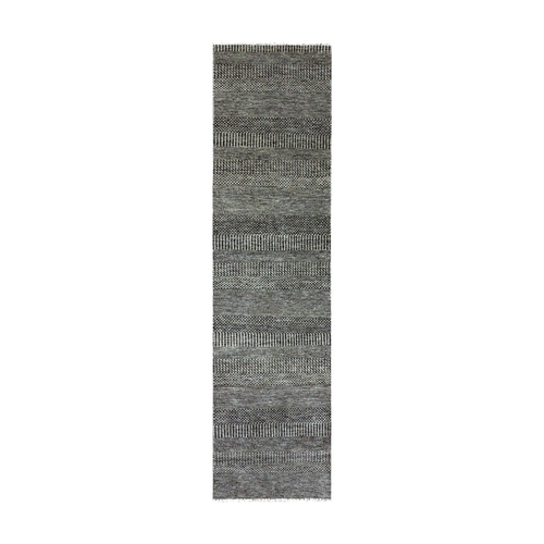 Pastel Gray, Tone on Tone, Hand Knotted, Modern Undyed 100% Wool Grass Design, Runner Oriental Rug