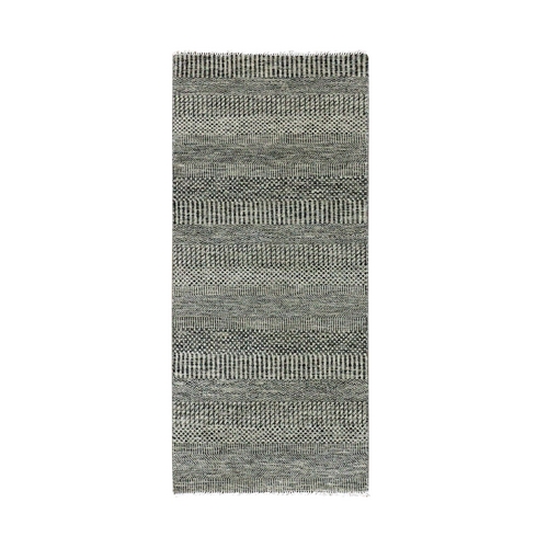 Dove and Onyx Gray, Hand Knotted, Undyed Modern Grass 100% Wool Design, Tone on Tone, Oriental Runner 