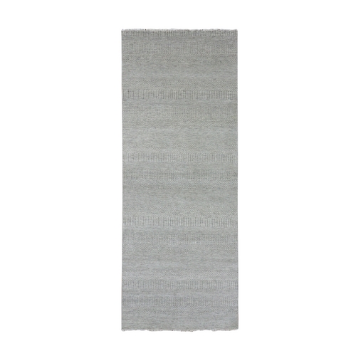 Payne’s Gray, Hand Knotted Organic Undyed Wool, Modern Grass Design, Tone on Tone, Wide Runner Oriental Rug