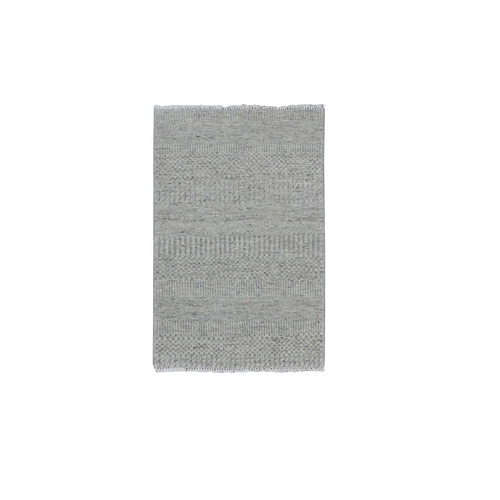 Vintage with Timberwolf Gray, Modern Grass Design, Tone on Tone, Undyed 100% Wool, Hand Knotted, Mat Oriental Rug