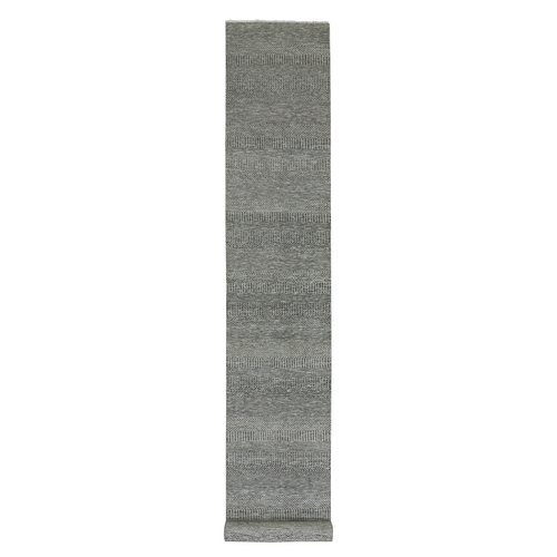 Steeple Gray, Modern Pure Undyed Wool Grass Design, Tone on Tone, XL Runner Hand Knotted Oriental Rug