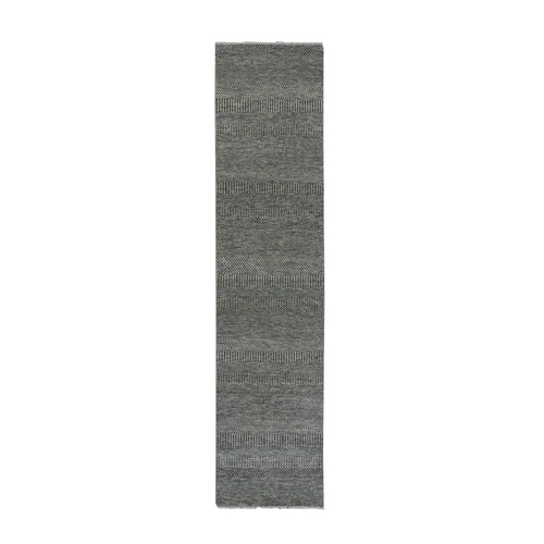 Flint Gray, Modern Hand Knotted Grass Design, 100% Undyed Wool, Tone on Tone, Runner Oriental Rug