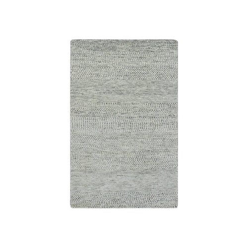 Light Gray, Modern Grass Design, Tone on Tone, Undyed Pure Wool, Hand Knotted, Oriental Rug