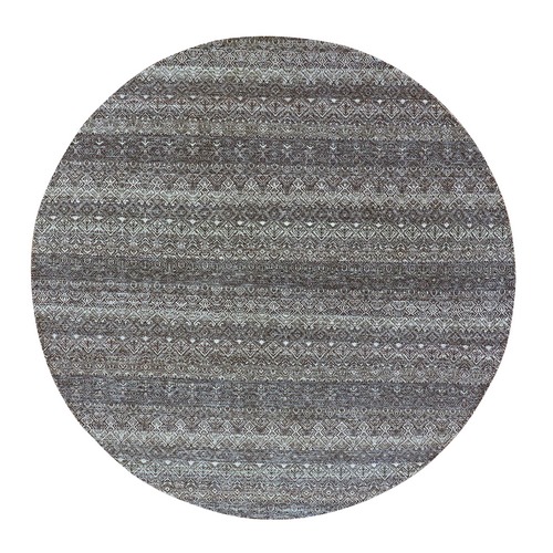 Thunder Gray, Kohinoor Herat With Diamond Shaped Small Geometric Repetitive Design, Tone On Tone 100% Plush Wool, Hand Knotted, Oriental Round Rug 
