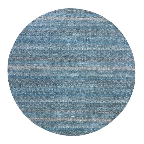 Hyperlink Blue, Hand Knotted Soft Shiny Wool, Kohinoor Herat Pattern With Small Geometric Repetitive Diamond Design Tone On Tone, Soft To The Touch, Oriental Borderless Rug